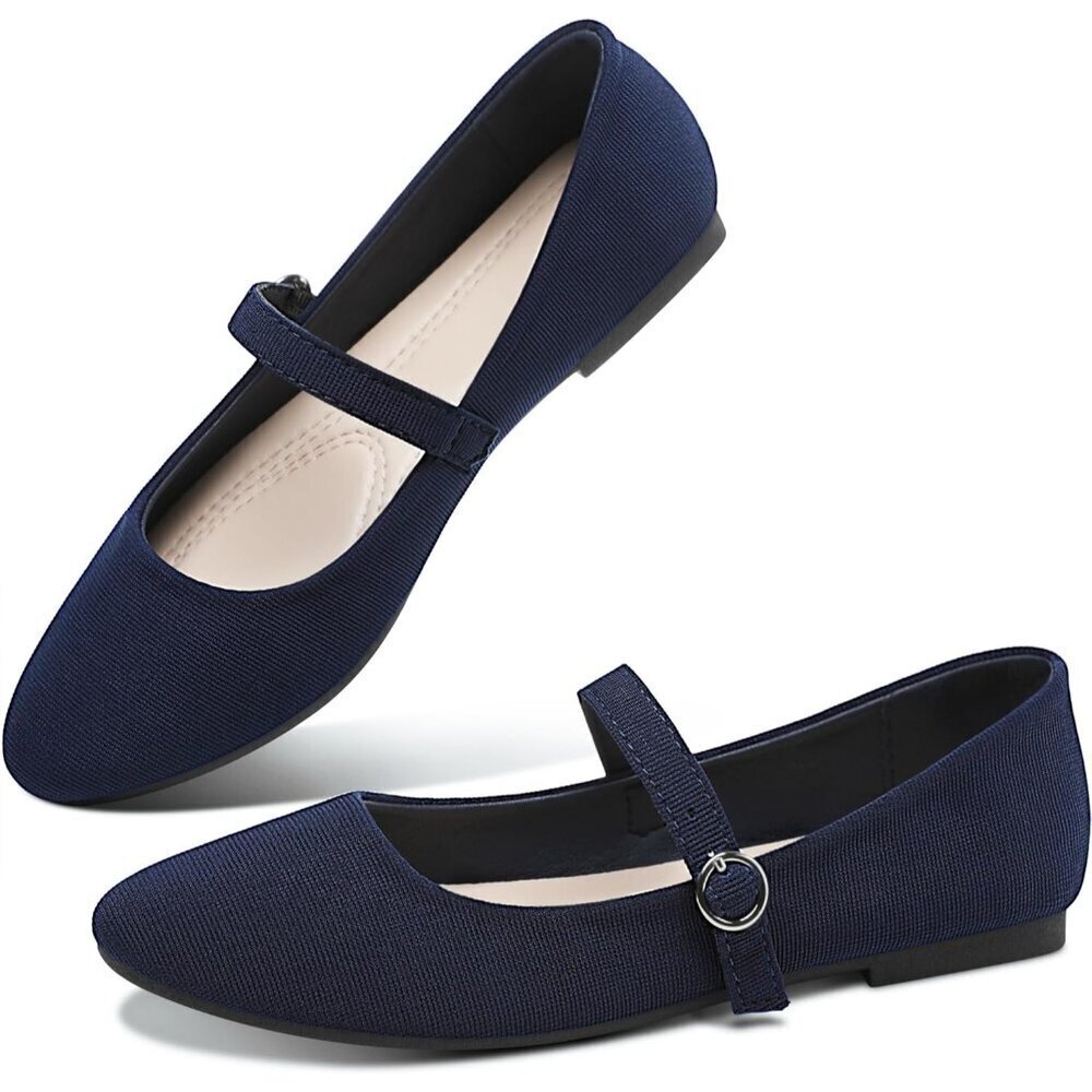 Obtaom Women Blue Polyester Round Toe Comfortable Classic Strap Ballet Flat